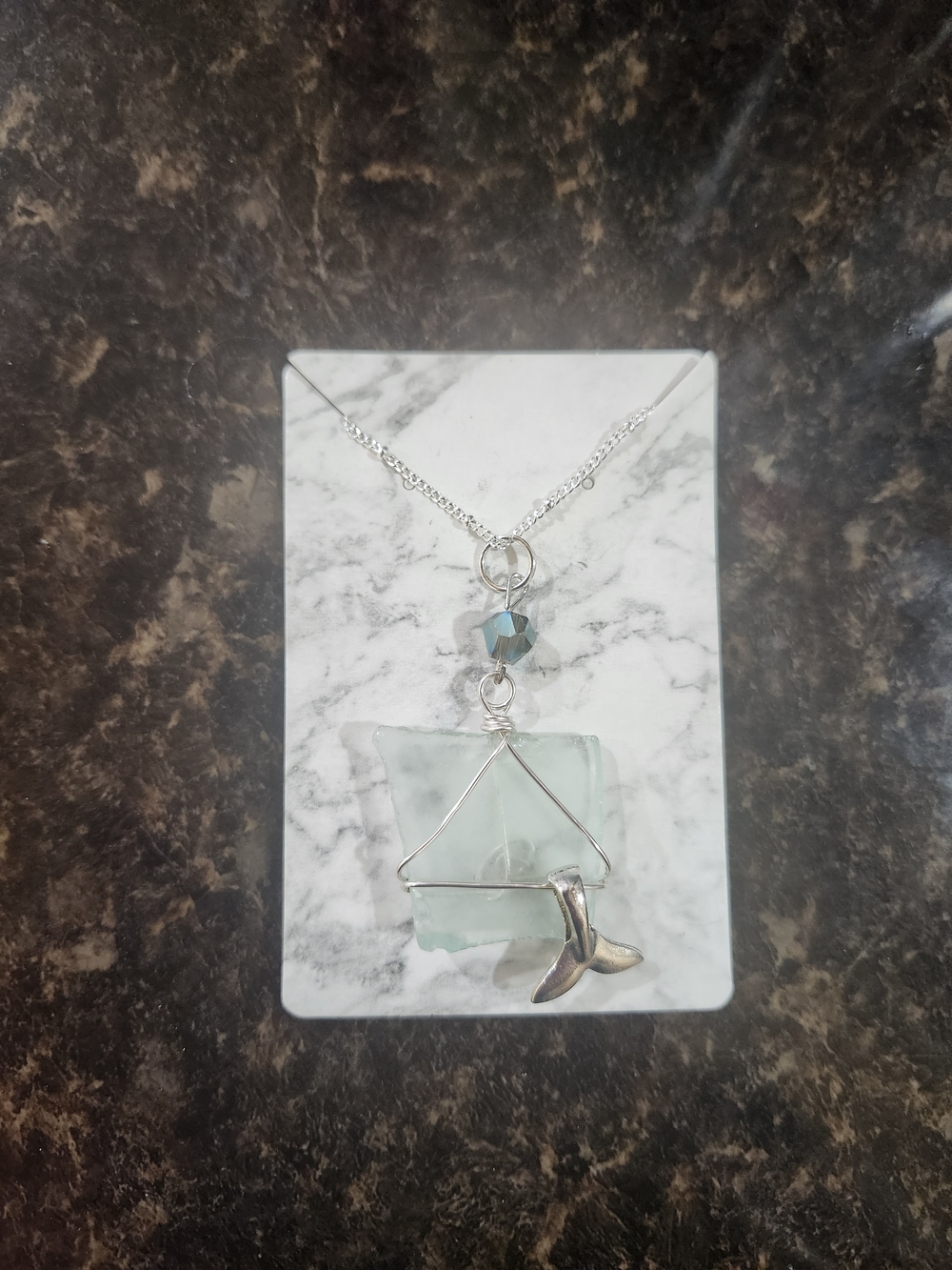 Sea Glass Whale Tail Pendant Necklace - Light Aqua